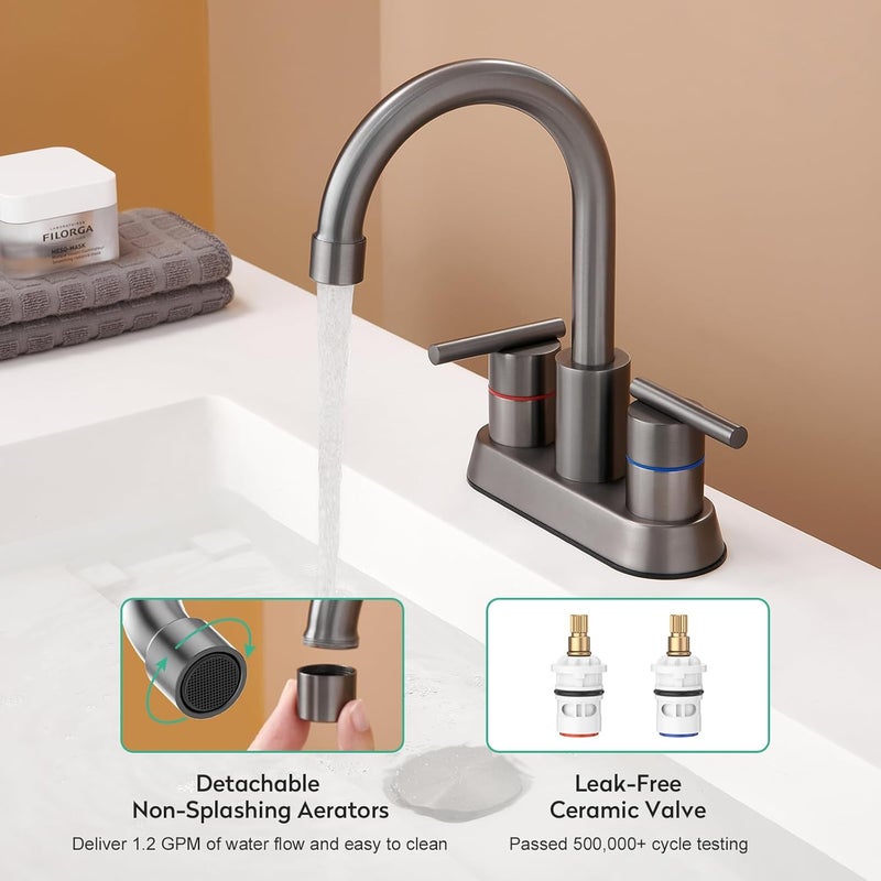 faustina Gery Bathroom Faucet, 4 Inch Centerset Faucet for Sink 2 Holes 3 Holes，Two Handles 304 Stainless Steel with Pup up Drain Assembly and 2 Water Supply Lines for RV Vanity - Image 5